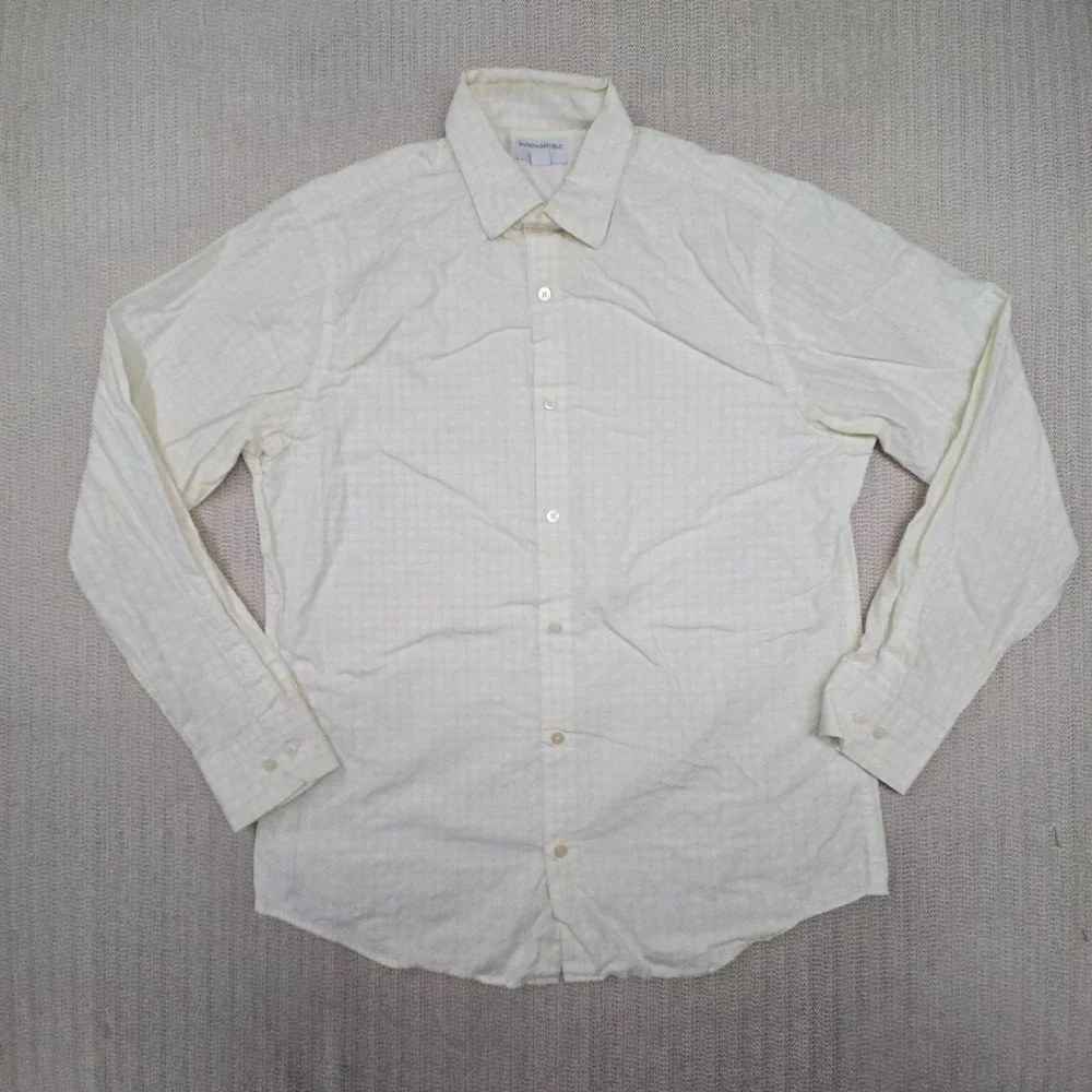 Banana Republic Shirt Mens Large 16 White Yellow Check Button Up Down Dress
